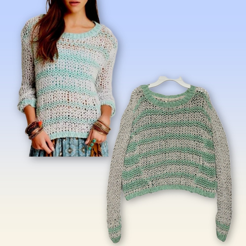 Free People Provence Cloud Combo Sweater Womens XS Mint Green Silk Blend Cropped